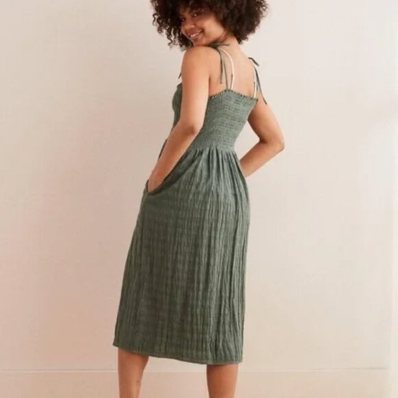 Aerie Olive Green Smocked Midi Dress Tie Straps with Pockets - Picture 3 of 8